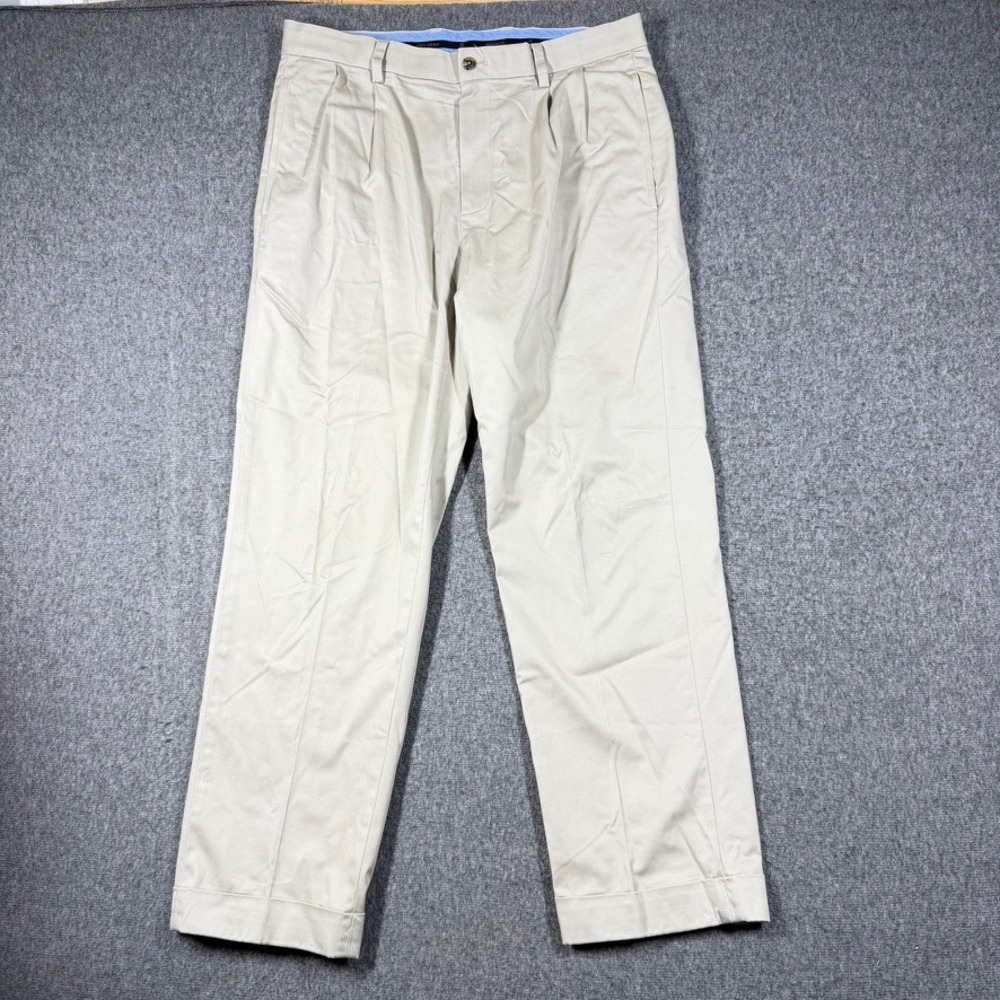 Brooks Brothers Mens 36x29 Pleated Chino Pants Khaki Beige Cuffed Stretch Waist
